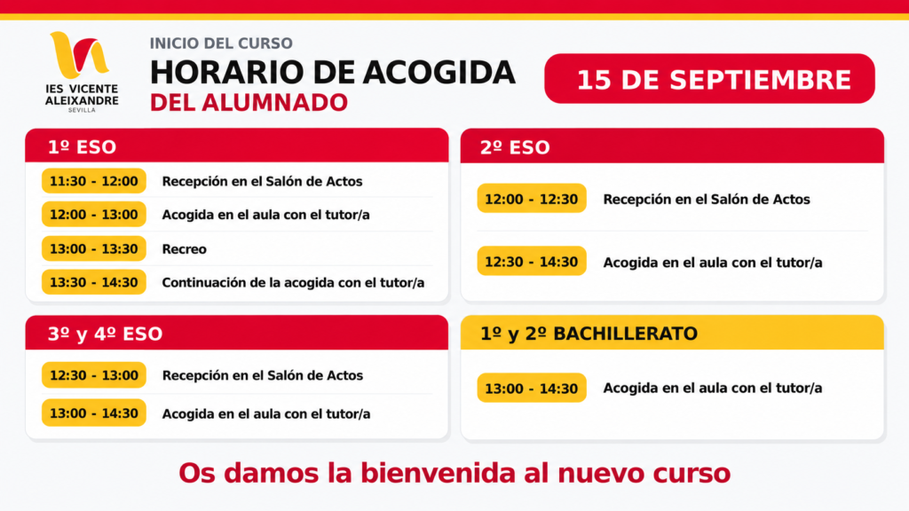Horario de bienvenida del 15 de septiembre 1